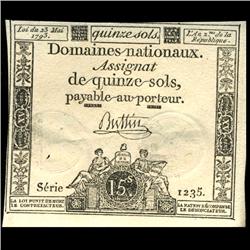 1793 France RARE 15 Sols Assignat Currency AU+ (CUR-05888)