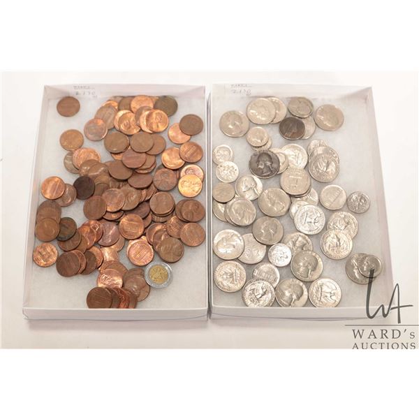 Large selection of USA coins including quarters, dimes, nickels and pennies, mostly 1970 and newer