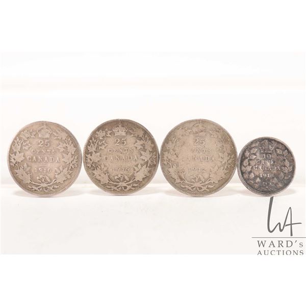 Three vintage Canadian quarters including 1910, 1912 and 1919 plus a 1918 Canadian dime