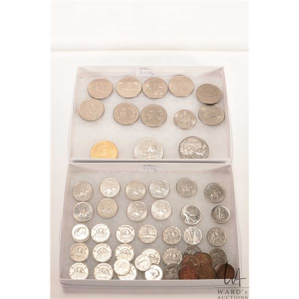Large selection of Canadian coins including pennies, nickels, dimes, quarter and dollar coins, note: