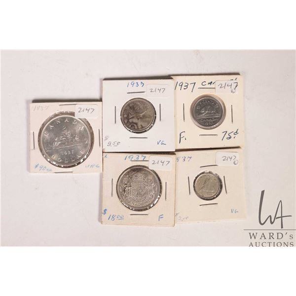 Five Canadian 1937 coins including nickel, dime, quarter, fifty cent and silver dollar