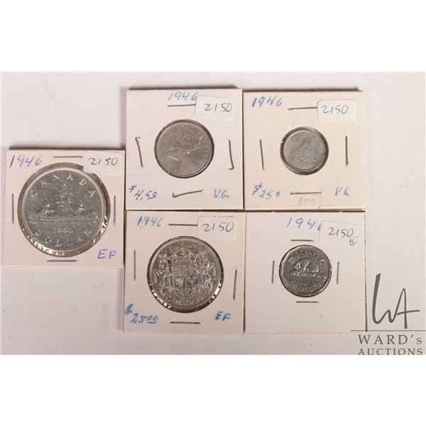 Five Canadian 1946 coins including nickel, dime, quarter, fifty cent and silver dollar