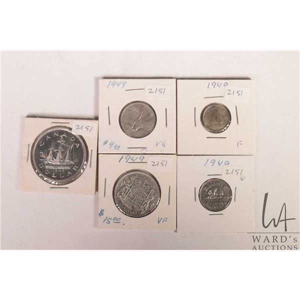 Five Canadian 1949 coins including nickel, dime, quarter, fifty cent and silver dollar