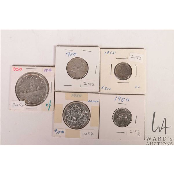 Five Canadian 1950 coins including nickel, dime, quarter, fifty cent and silver dollar