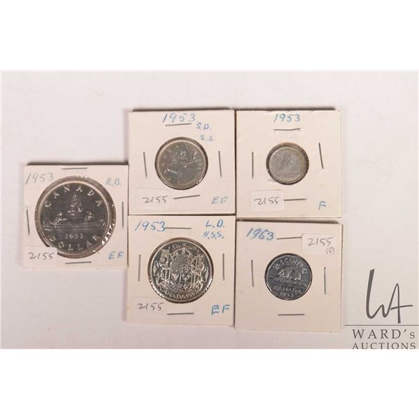 Five Canadian 1953 coins including nickel, dime, quarter, fifty cent and silver dollar