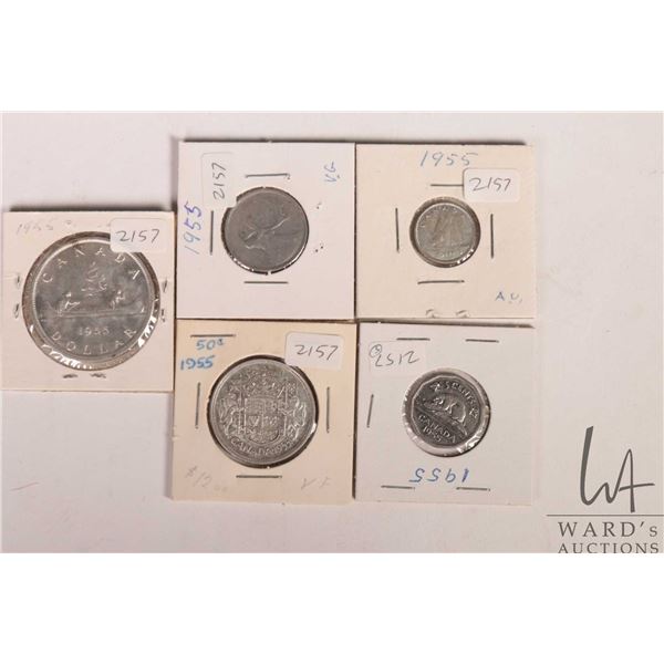 Five Canadian 1955 coins including nickel, dime, quarter, fifty cent and silver dollar
