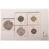 Image 1 : Five Canadian 1957 coins including nickel, dime, quarter, fifty cent and silver dollar