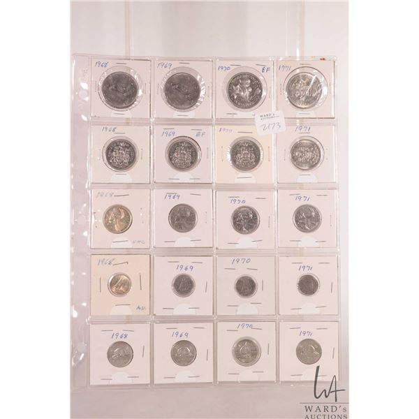 Sheet containing Canadian coins including dollar, fifty cent, quarter, dime and nickels for the year