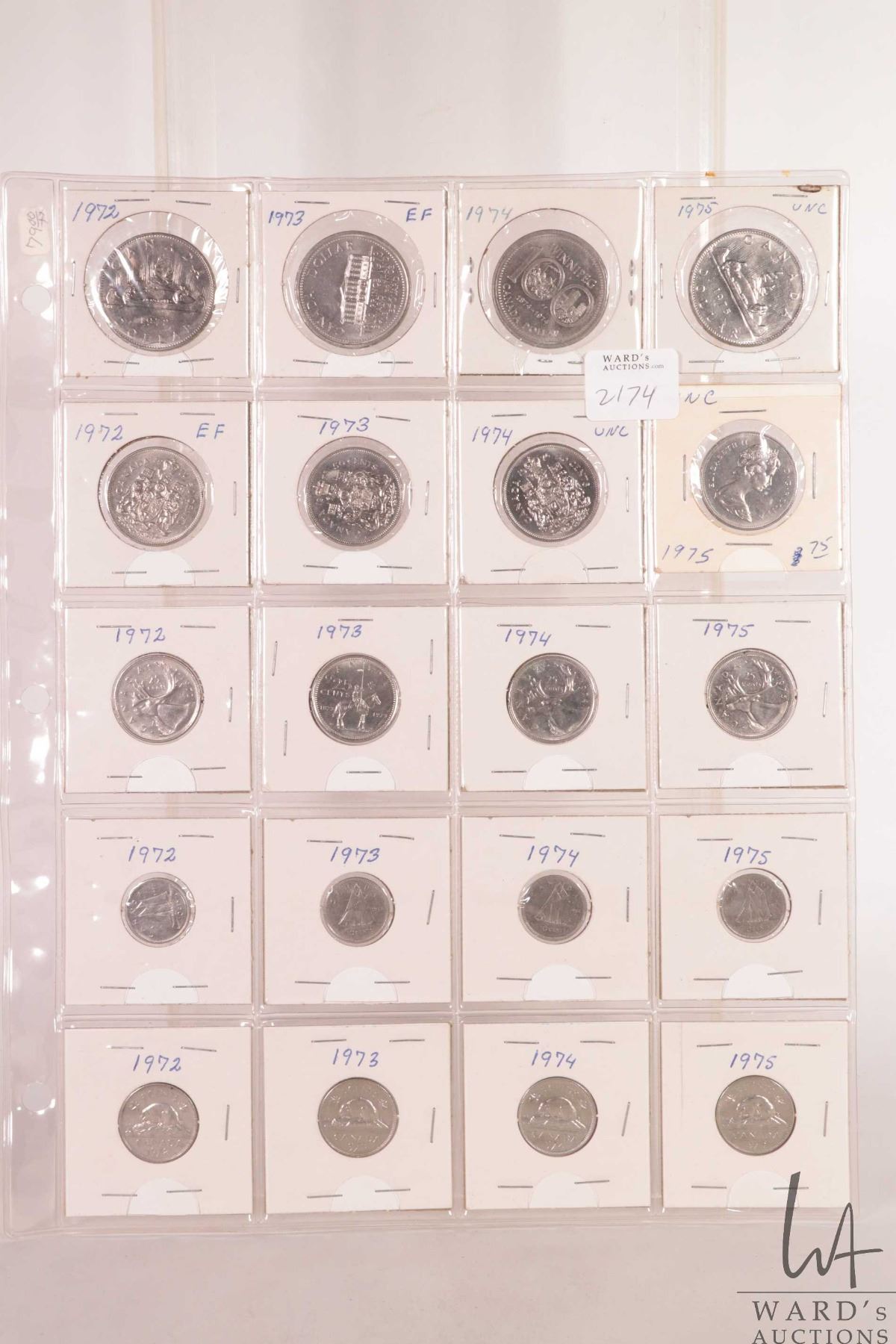 Canadian Coin Collection Sheets Sheet containing Canadian coins including dollar, fifty cent, quarter ...