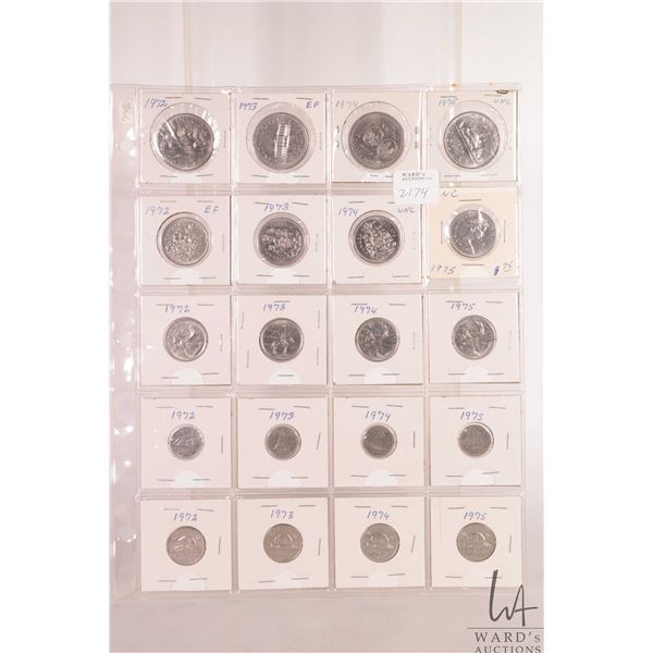 Sheet containing Canadian coins including dollar, fifty cent, quarter, dime and nickels for the year