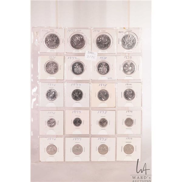 Sheet containing Canadian coins including dollar, fifty cent, quarter, dime and nickels for the year