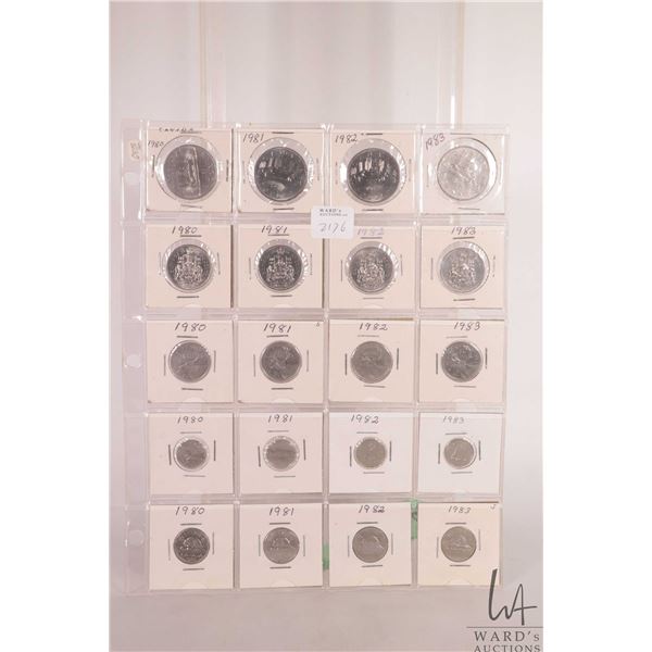 Sheet containing Canadian coins including dollar, fifty cent, quarter, dime and nickels for the year