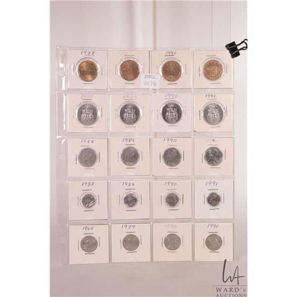Sheet containing Canadian coins including dollar, fifty cent, quarter, dime and nickels for the year