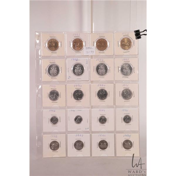 Sheet containing Canadian coins including dollar, fifty cent, quarter, dime and nickels for the year