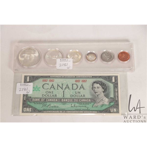 1967 uncirculated Canadian coin set and $1 bill