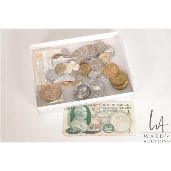 Selection of foreign coins, novelty coins including Dino dollar, Edmonton's Great Pioneer plus Confe