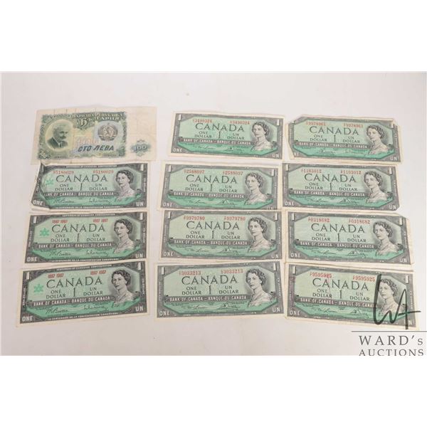 Selection of circulated Canadian one dollars bills including 1954 X 8, 1967 X3 plus a 1951 Bulgarian