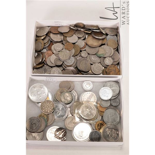 Large selection of foreign coins and a selection of novelty coins including Jasper Park, Banff etc.