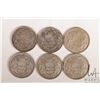 Image 1 : Six Canadian fifty cent coins including 1943, 1945, 1955, 1956, 1957 and 1958