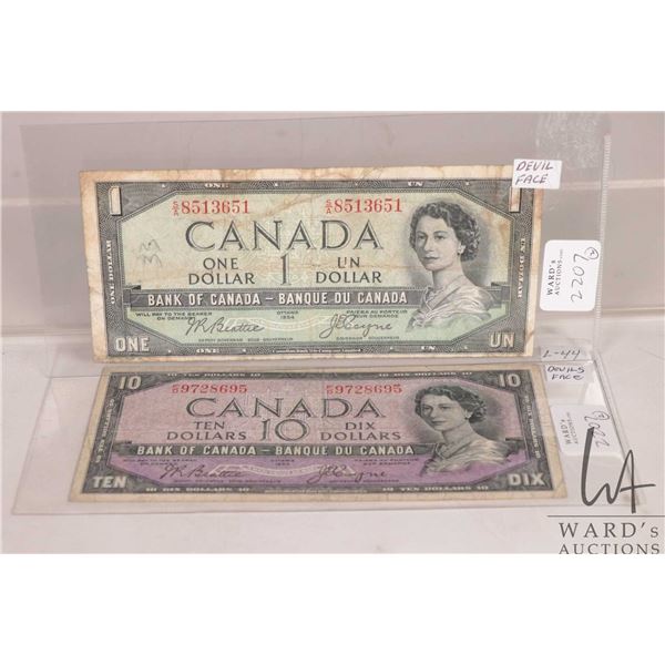 Two Canadian 1954 devils' face bank notes including one dollar and ten dollar