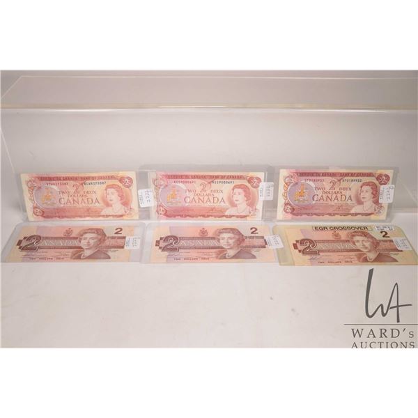 Six Canadian $2 bills including 1974  3 and 1986 X 3
