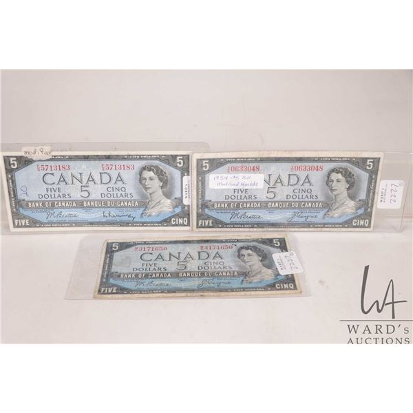 Three 1954 Canadian $5 bank notes