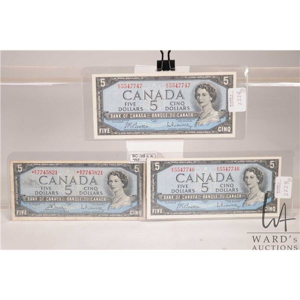 Three 1954 Canadian $5 bank notes