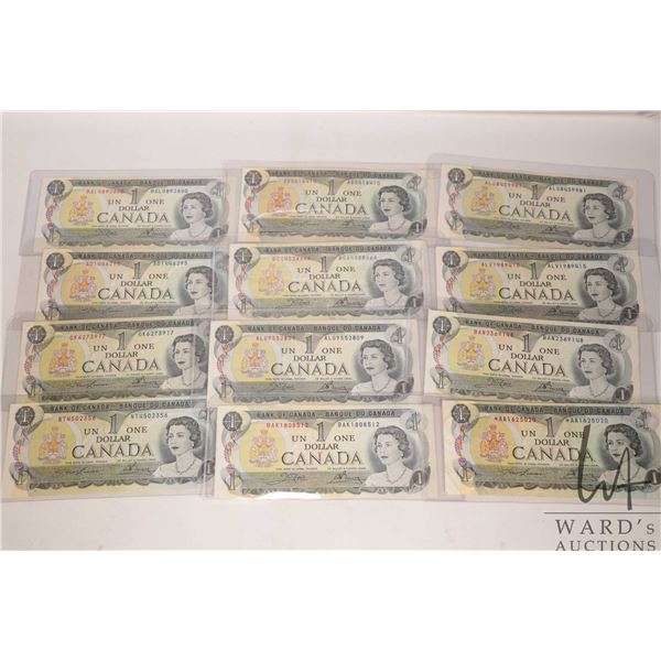 Twelve 1973 Canadian $1 bills