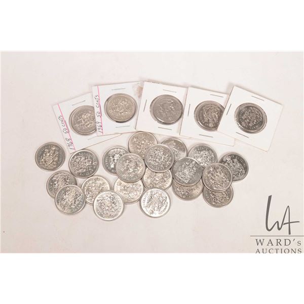 Twenty five Canadian 50 cent coins ranging from 1969- the 2000