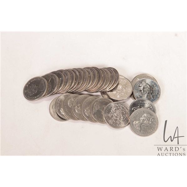 Pill bottom containing thirty Canadian 50 cent coins, 1974 to 2013