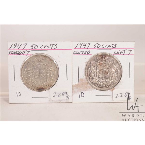 Two 1947 Canadian fifty cent coins, one with curved "7" and one with straight "7"