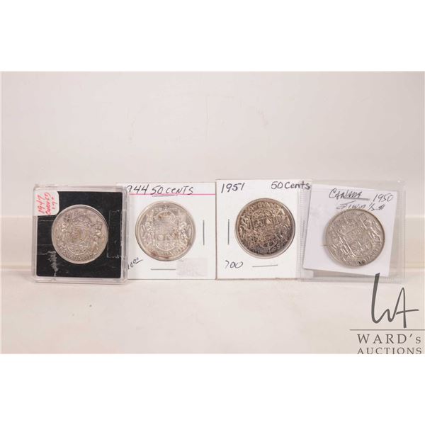 Four Canadian fifty cent coins including 1944, 1947, 1950 and 1951