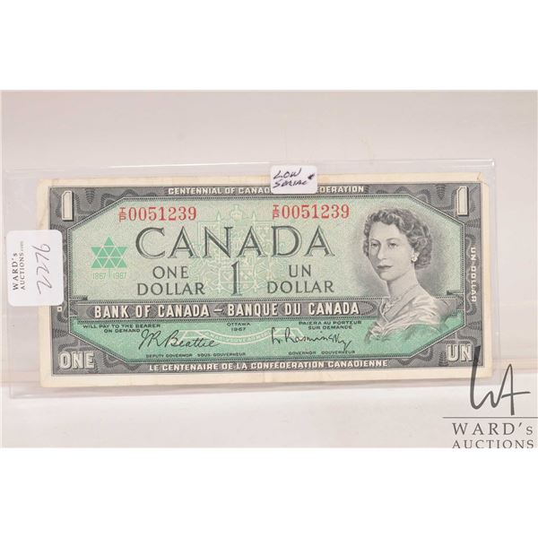 1967 Canadian one dollar bill with low serial number