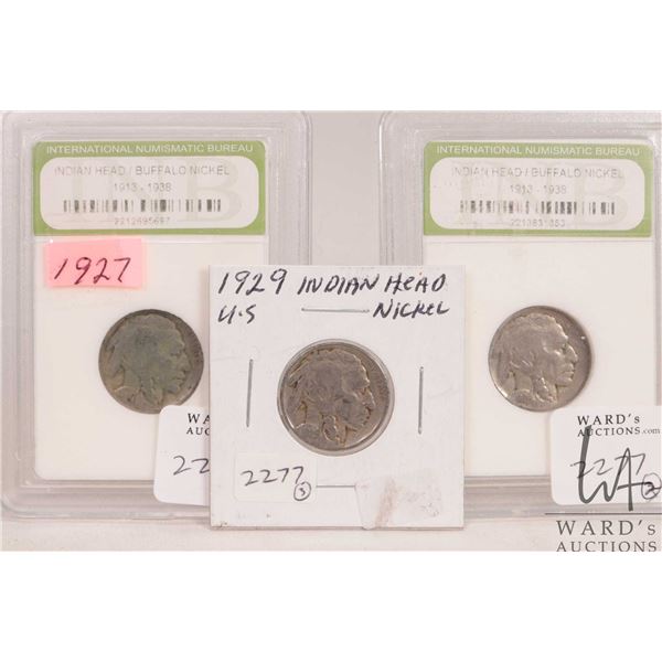 Three Indian Head/ Buffalo nickels, two of which are in International Numismatic Bureau cases