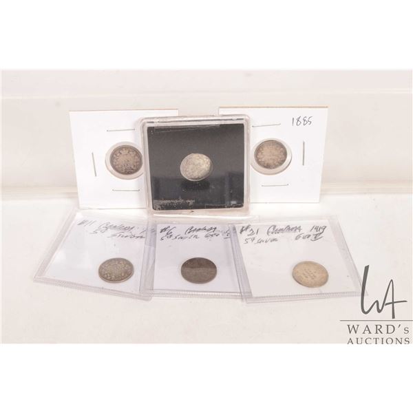 Six early Canadian five cent coins, 1880, 1885, 1912, 1917, 1919 and 1920