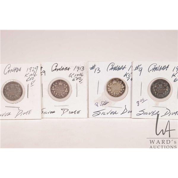 Five early Canadian ten cent coins 1913, 1920, 1921 and 1929