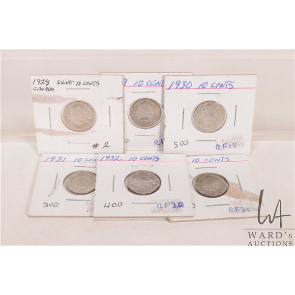 Six early Canadian dimes including 1928, 1929, 1930, 1931, 1932 and 1933