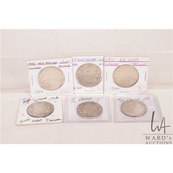 Six Canadian fifty cent coins including 1906, 1907, 1911, 1916, 1917 and 1918