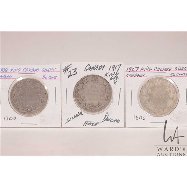 Three Canadian fifty cent coins including 1906,1907 and 1917