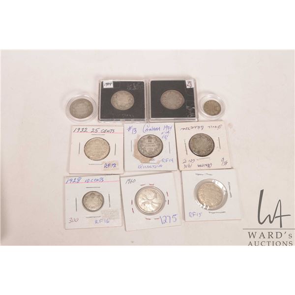 Ten vintage Canadian coins including dimes and quarters