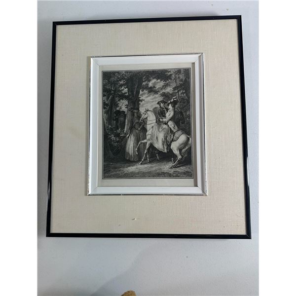 Framed Equestrian Engraving   Riders Passing a Village   15"   17"
