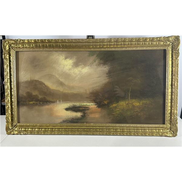 Framed River Landscape in Gilt Frame   32"W x 18"H