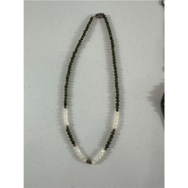 Green & White Beaded Necklace with Brass 'Tone Accents