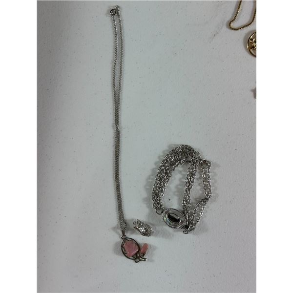 Group of Three Vintage Silver Necklaces – Pink Stone, Hematite & Owl Charm