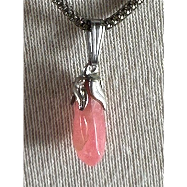 Silver 'Tone Necklace with Pink Glass Teardrop Pendant