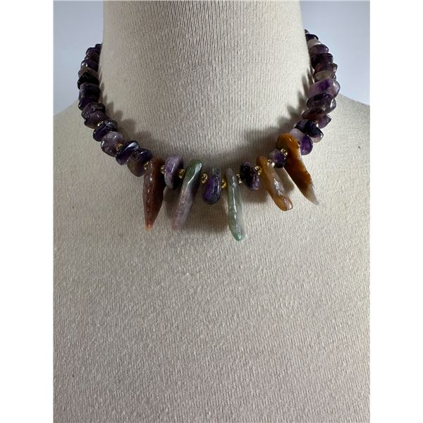 Vintage Amazonite/Amathyst Chip Bead Necklace with sILVER-Tone Accents