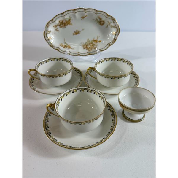 Limoges Three Teacup/Saucer Duos with Oval Platter