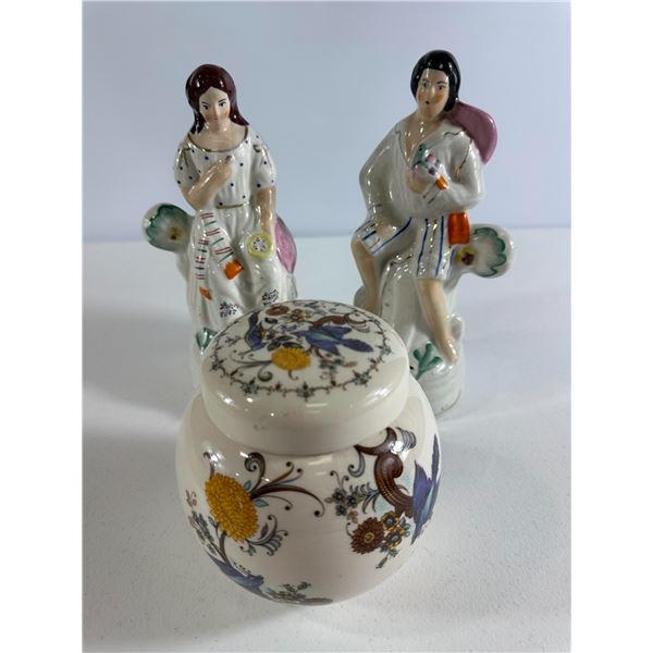 Pair of Vintage Ceramic Figurines with Floral Jar