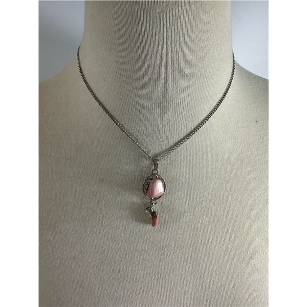 Vintage Silver-Tone Necklace with Pink Teardrop Pendant