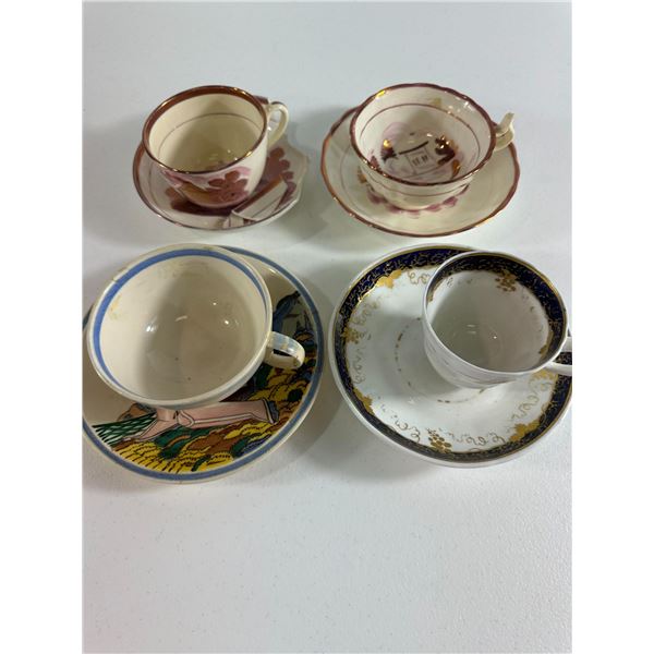 Mixed Cups & Saucers   Luster and Hand 'Painted Scenes (Lot of 4)
